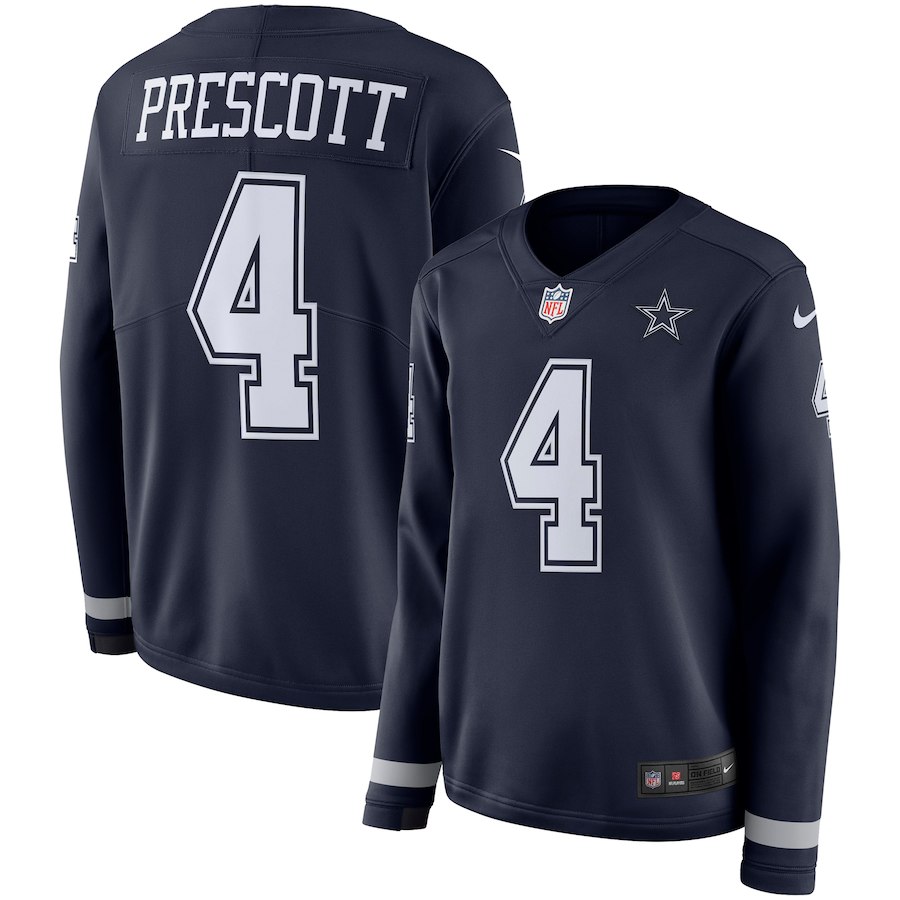 Women Dallas Cowboys #4 Prescott blue  Limited NFL Nike Therma Long Sleeve Jersey->women nfl jersey->Women Jersey